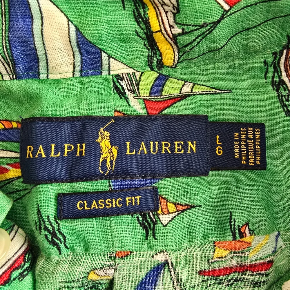 Polo Ralph Lauren 100% Linen Shirt Sailboat Regatta Men's Large Short‎ Sleeve